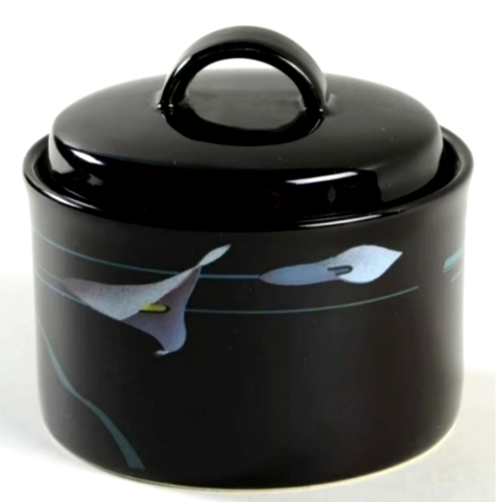 Vintage 80s Goth Mikasa Black Opus Lidded Sugar Bowl Lid Calla Lilies Dip Candy